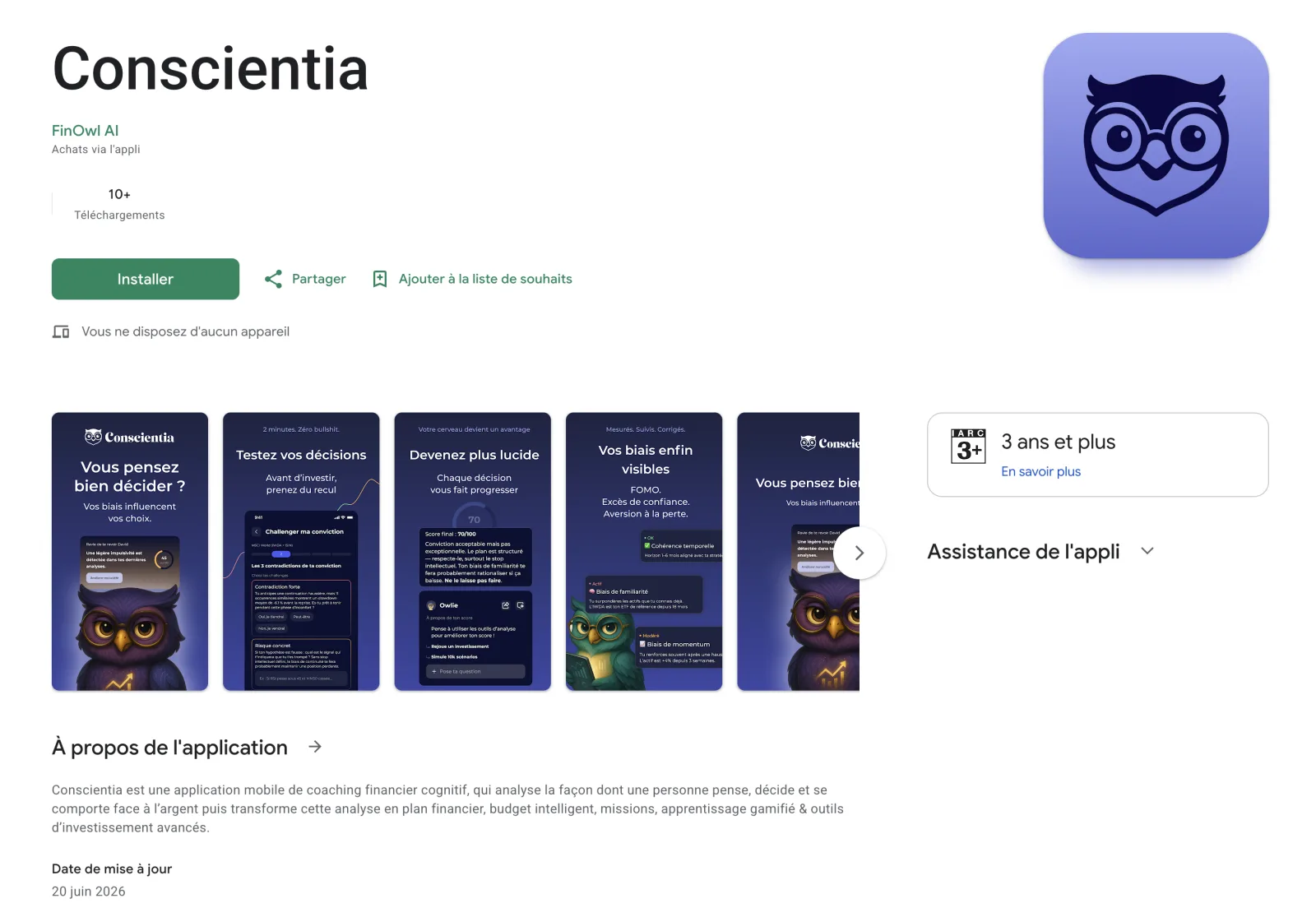 Conscientia, l'application de FinOwl AI, sur le Google Play Store