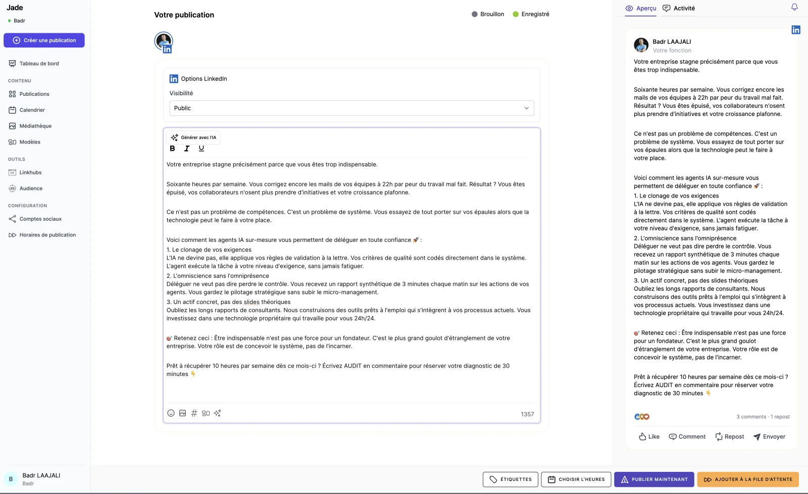 Éditeur de publication avec génération de contenu par IA