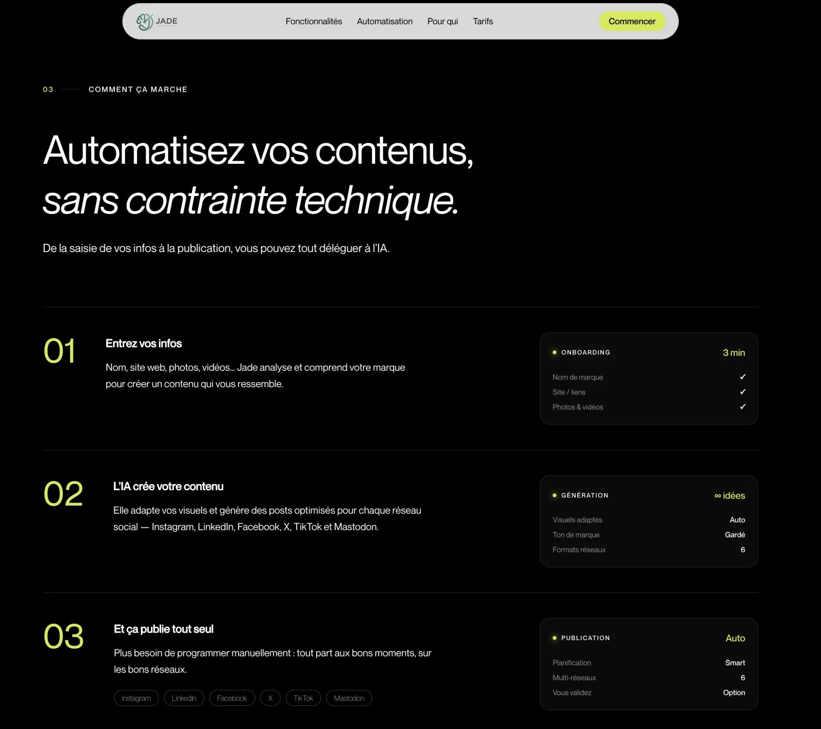 Page d'accueil Jade : onboarding, génération et publication
