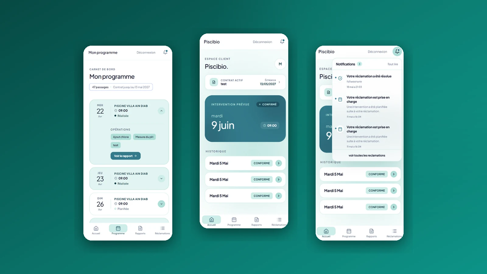 Espace client Piscibio en PWA : programme de maintenance avec opérations (chlore, pH), accueil avec prochaine intervention confirmée, notifications de réclamations
